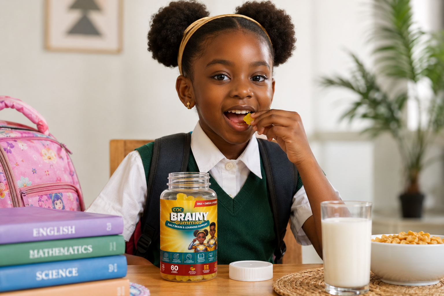 Parent giving Brainy Gummies to a child before school
